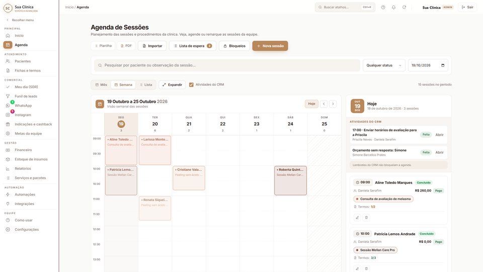 Agenda semanal de sessões no impulso clin