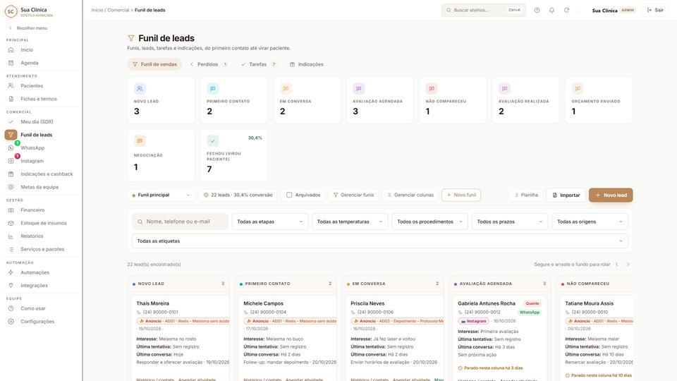 Funil de leads em colunas no impulso clin